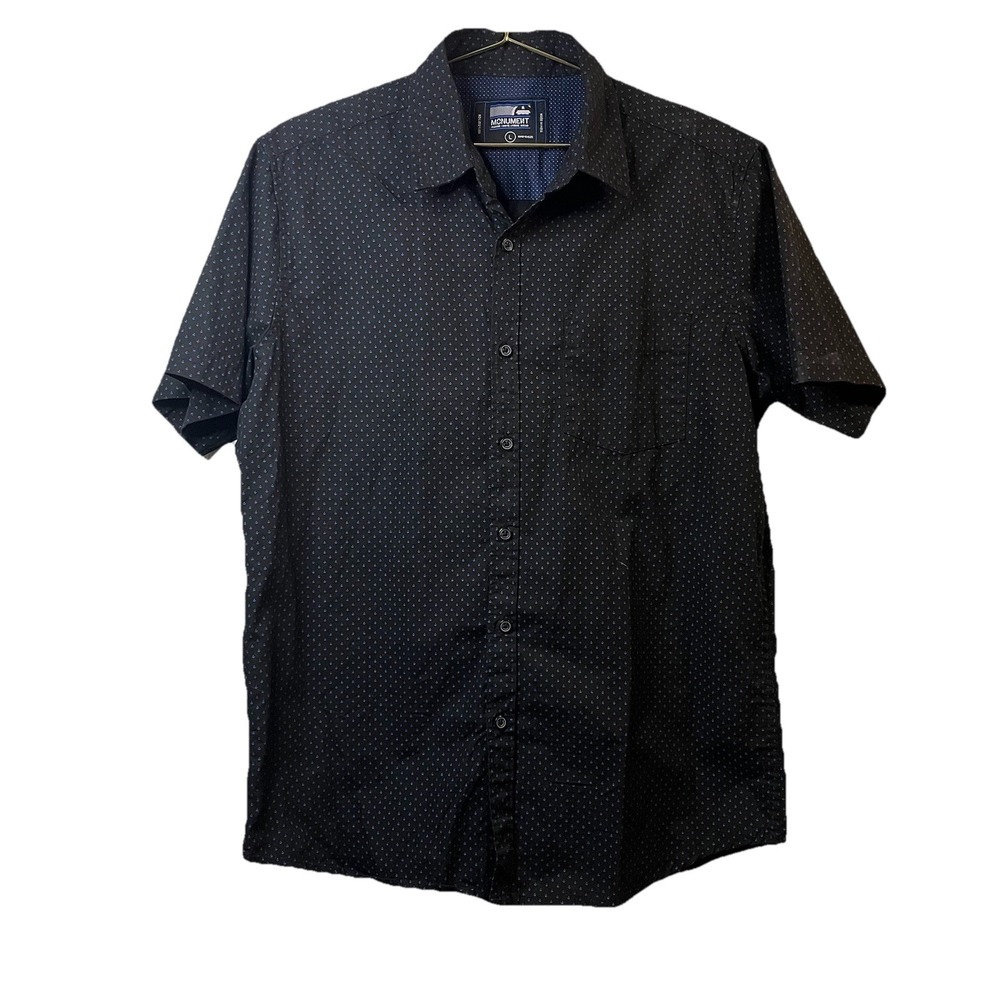 Monument L Cotton Geometric Button-Up Shirt Black Blue Short Sleeve